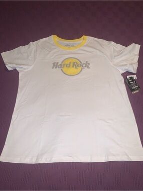 Hard Rock Cafe White Tee with Yellow Ringer neck accent